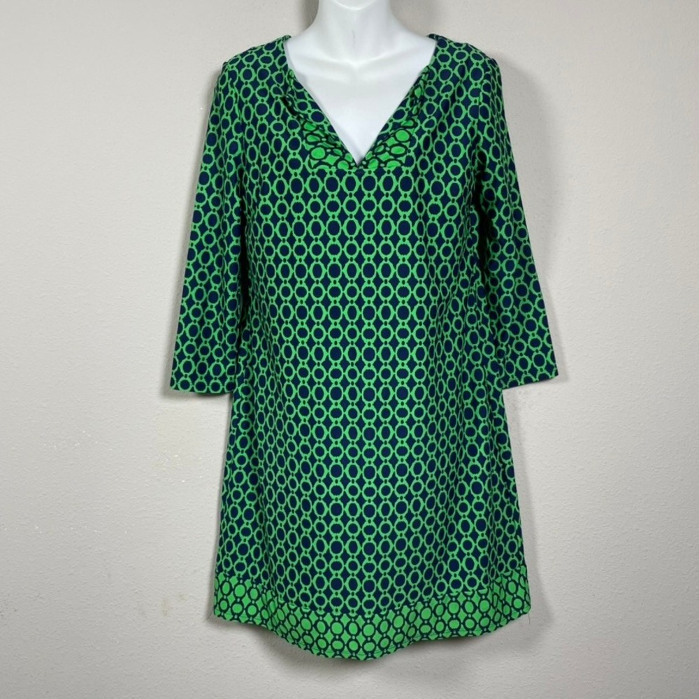 Jude Connally Shift Dress Women S Green Navy Geometric V-Neck 3/4 Sleeve Preppy
